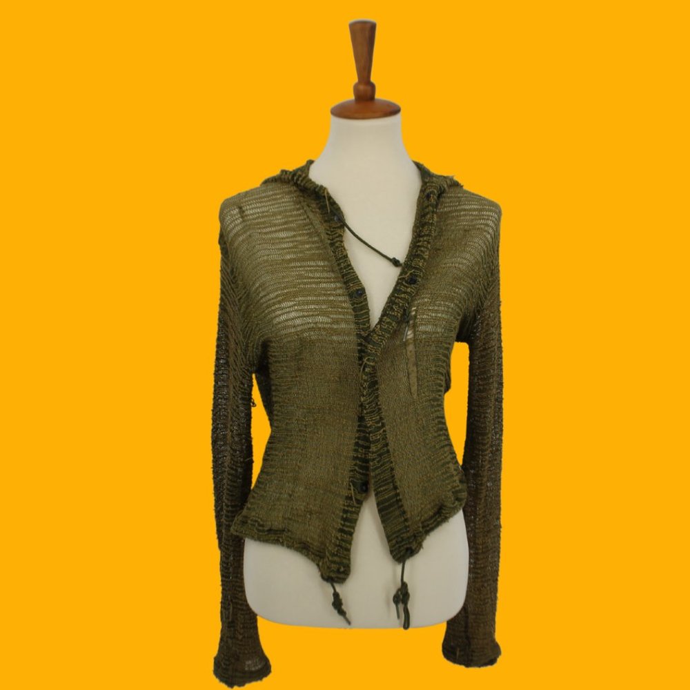 Vintage Army Green Knit Street Wear Snap Hoodie Jacket S - Picture 1 of 8